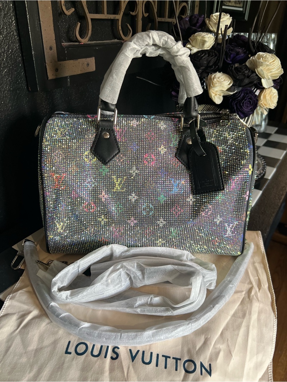 Luxury Designer Black Multicolor Crystal Sparkly Monogram Satchel-NWT